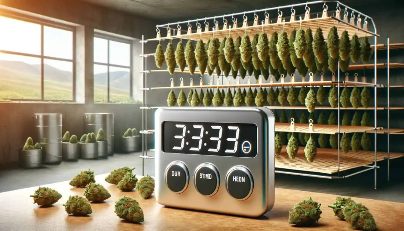 A digital timer displaying the optimal duration for drying cannabis