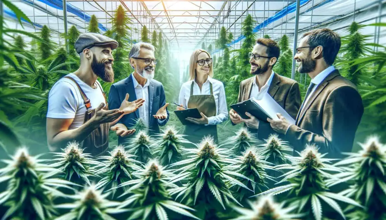 A group of experienced cannabis cultivators discussing in a greenhouse