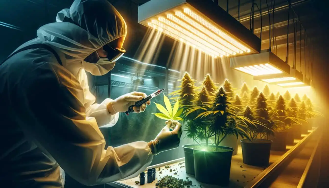 Cannabis grower carefully adjusting the light cycle in an indoor cannabis cultivation setup